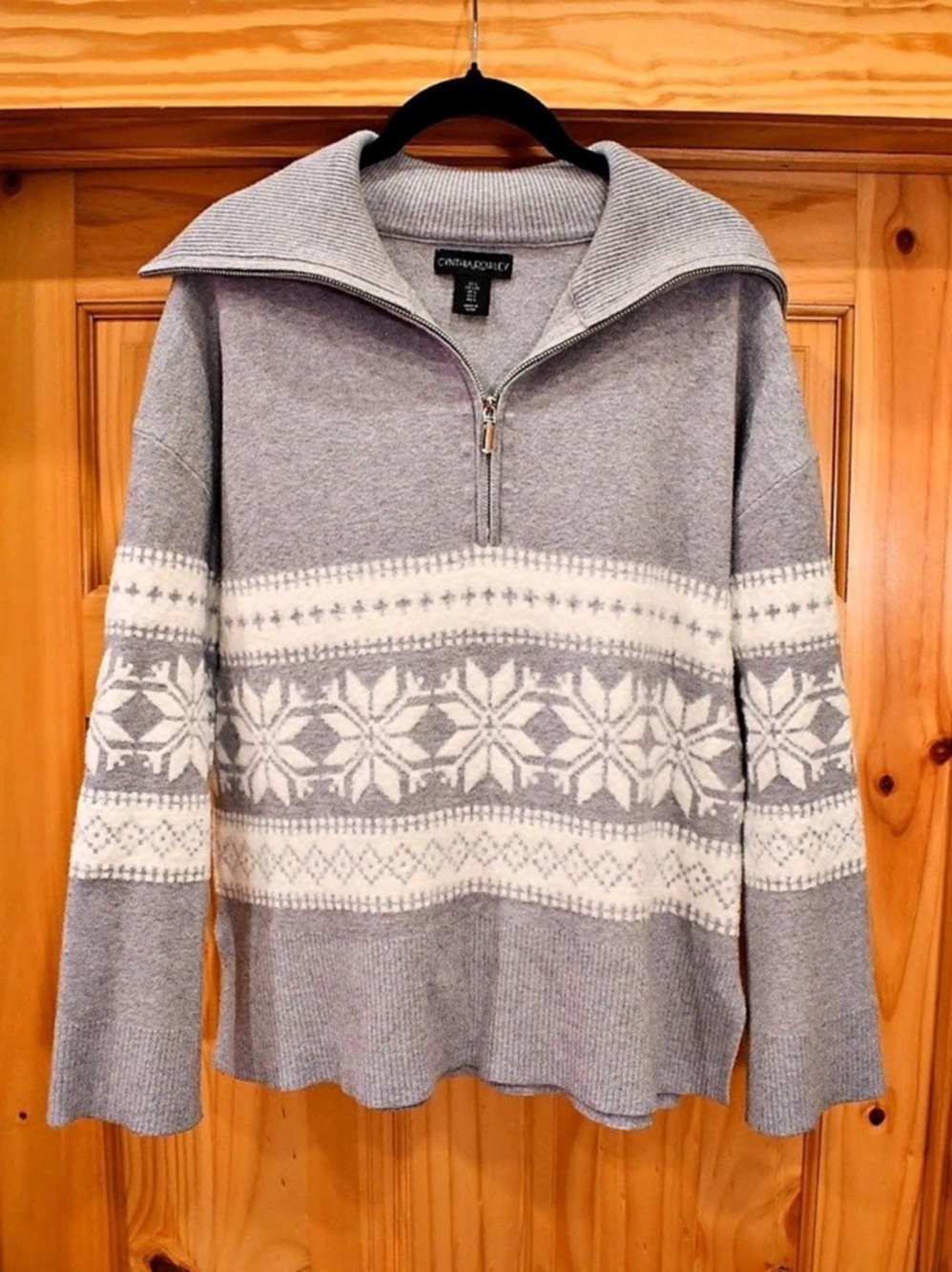Cynthia Rowley Winter Gray & White Quarter-Zip Sweater Large Like New
